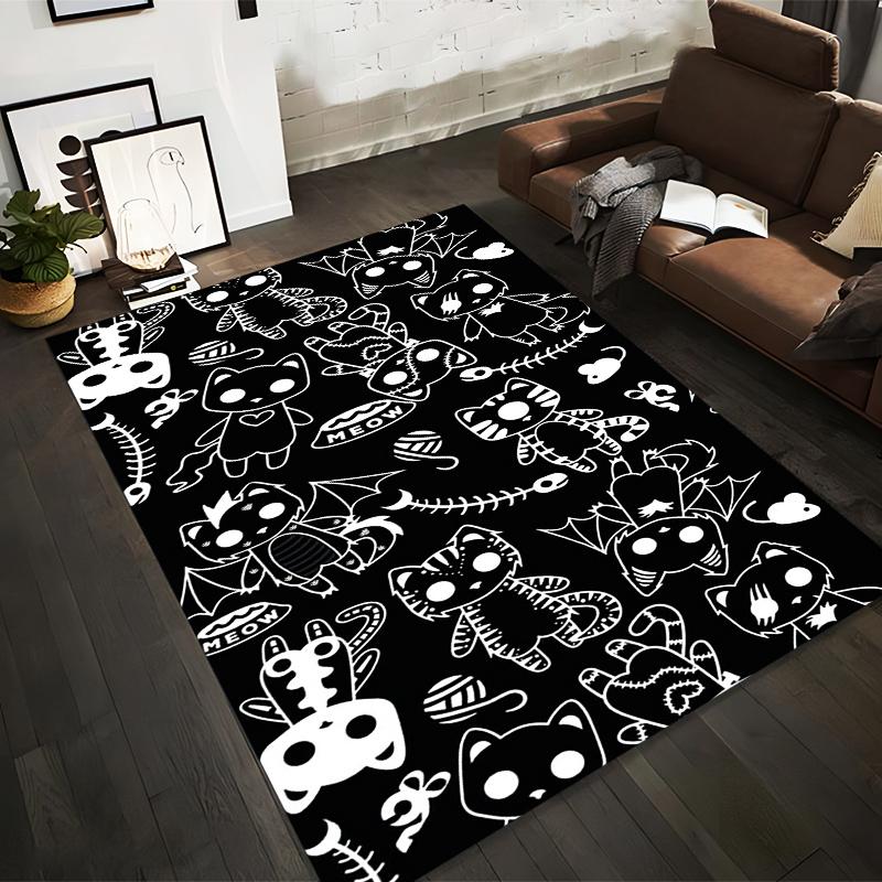 

Black Cartoon Cat Pattern Carpet with Skeletons Wings Fish Bones and Meow Symbol Suitable for use as an anti-slip for room and bedroom sofas 40x60cm( 15x23in )