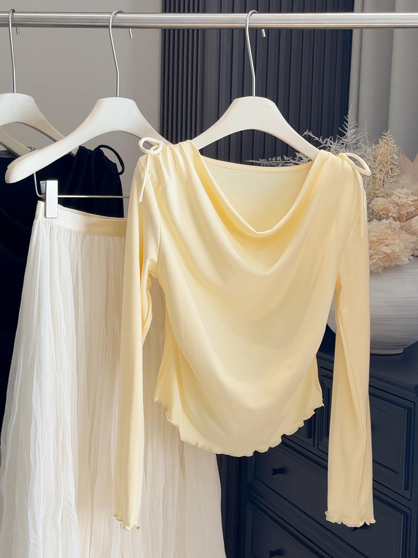 

Элегантная женская футболка в корейском стиле с акцентом на талию, длинным рукавом и струящимся воротником - Приталенная, весенняя новинка One Size жёлтый/кремовый