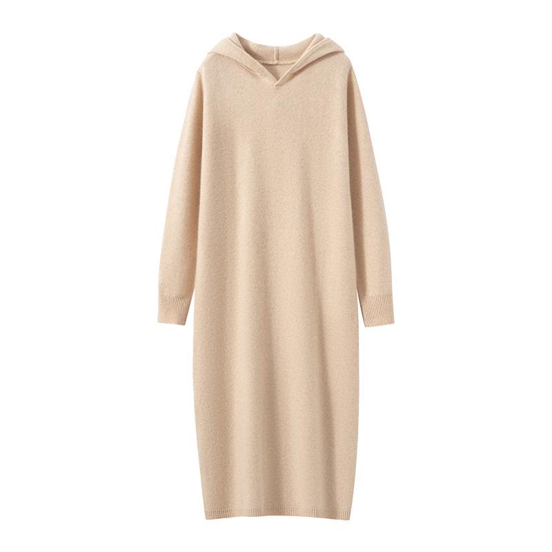 Autumn/Winter Hooded Wool Knit Sweater Dress - Solid, Loose, Soft, Warm, Mid-Length Cashmere.