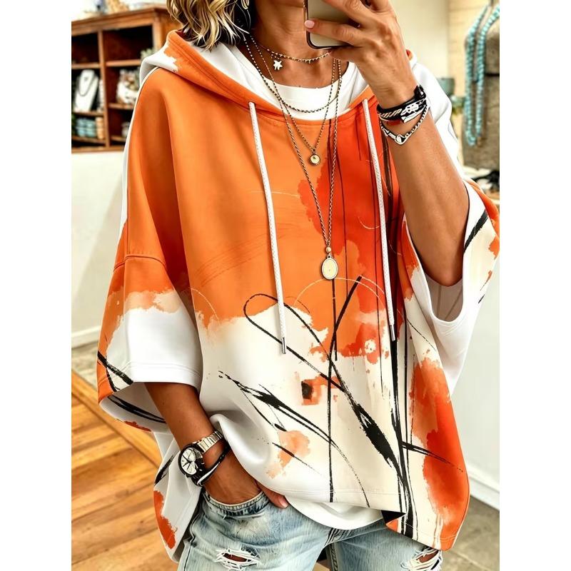 Women Three‑Quarter Sleeves Loose Hoodie Retro Floral Casual Vacation Top