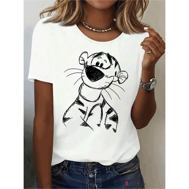 

Wo Casual Crew Neck T-Shirt with Playful Tiger Graphic Print | Machine Washable, Short Sleeve, Regular Fit, All-Season Top, S