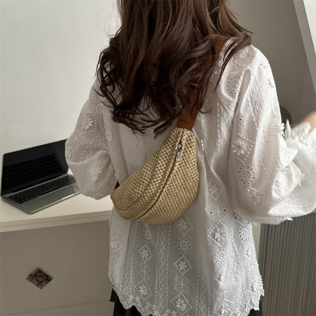 Women'S Stylish Woven Chest Bag - Light Brown, Crossbody Sling Phone Pouch with Zipper Closure, Versatile Waist Pack for Beach, Beach Bag
