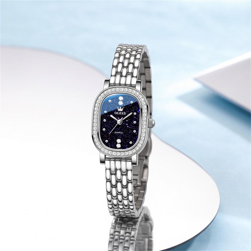 OLEVS Damen Quarzuhr Ovales Diamantlünetten-Sternenhimmel-Zifferblatt Edelstahlarmband Damen Mode Armbanduhr Weibliches Geschenk