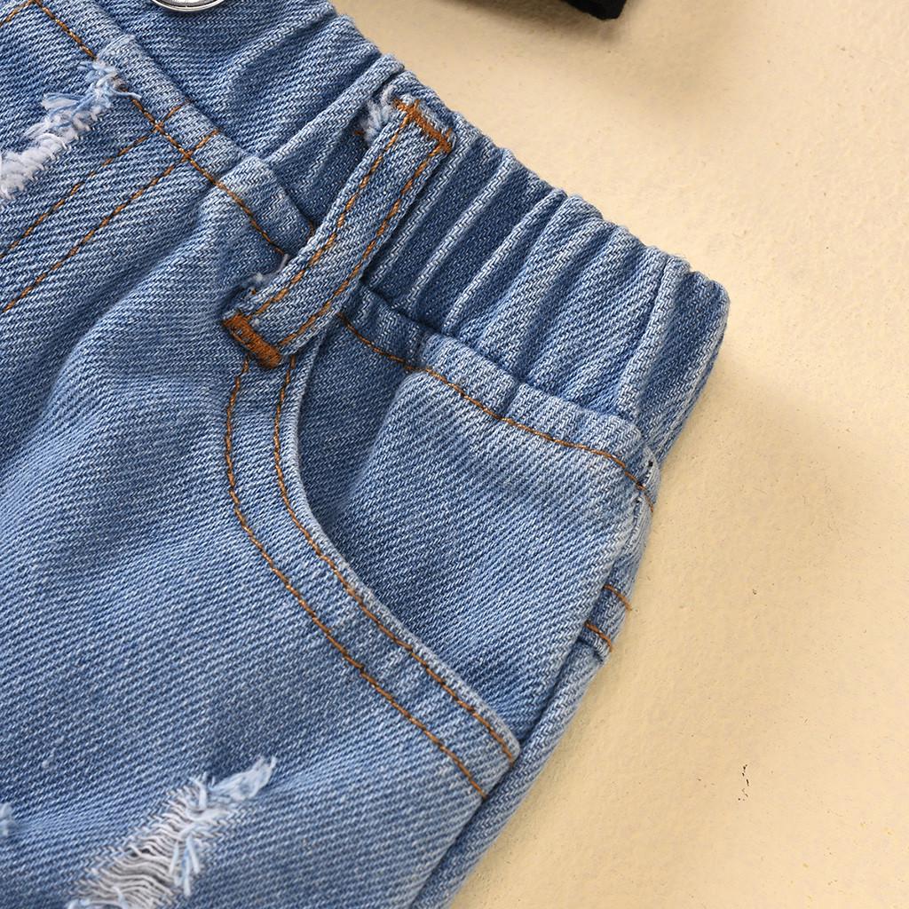 Toddler Baby Kids Girls Puff Sleeve Polka Dot Tops  Ripped Jean Shorts Outfits