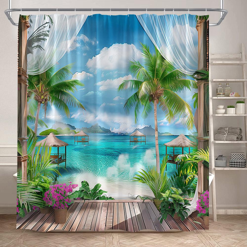 Beach Island Shower Curtain Tropical Palm Leaves Plants Flowers Parrots Blue Ocean Scenery Bathroom Curtains Fabric Home Decor