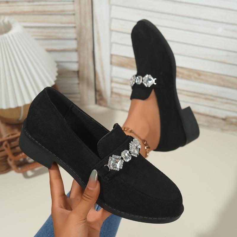 2025 Autumn New Rhinestone Suede Low-Top Shoes Thick Heels British Loafers Women