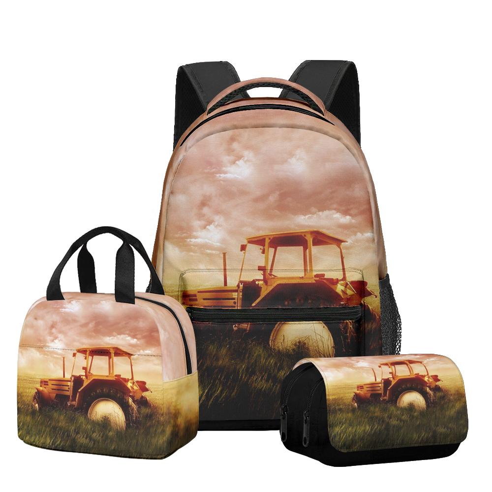 Classic Novelty Cool Tractor pattern 3D Printed 3pcs/Set Student School Bags Laptop Daypack Backpack Lunch bag Pencil Case