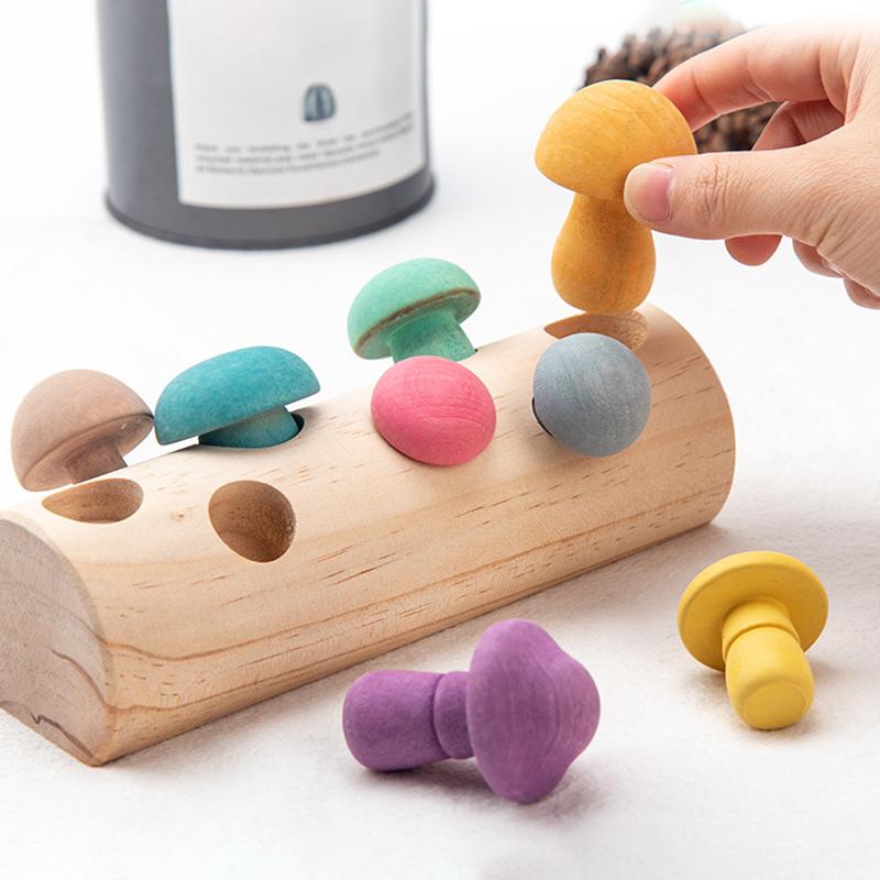 Activating Toys Light Grey Toddler Wooden Mushroom Picking Game Rainbow Block Montessori Educational Wooden Toy Developmental Shape Matching Assembly Grasp