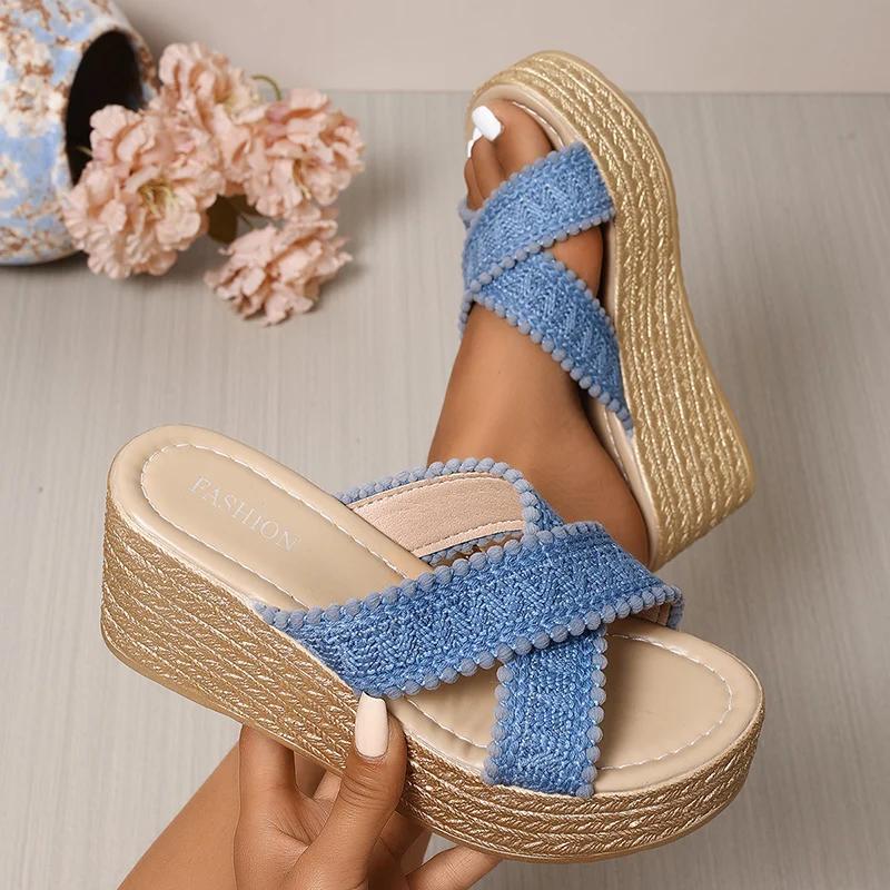 Fashion Cross Strap Chunky Platform Sandals for Women 2025 Summer Thick Bottom Wedge Slippers Woman Plus Size Fashion High Heel Sandals