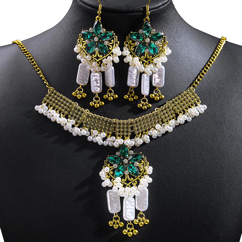 Bohemian Crystal Jewelry Set: Ethnic Tassel Necklace & Earring with Rhinestones