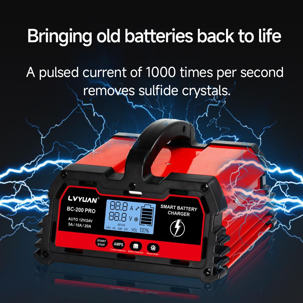 Smart 12V/24V Car Battery Charger - 10A/20A/25A/30A Lead-Acid & Lithium Repair Charger