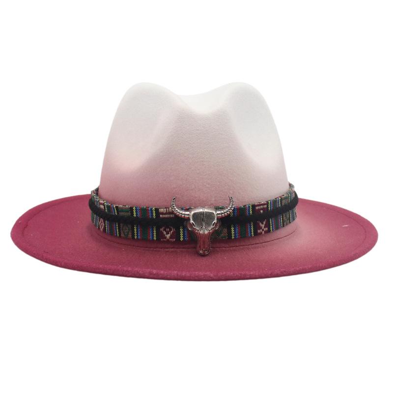 Trendy Tibetan Top Hat, Western Cowboy Hat, Bull Head Big Brim Woolen Felt Hat Gradual Change Color Spray Paint Two-Color Hat