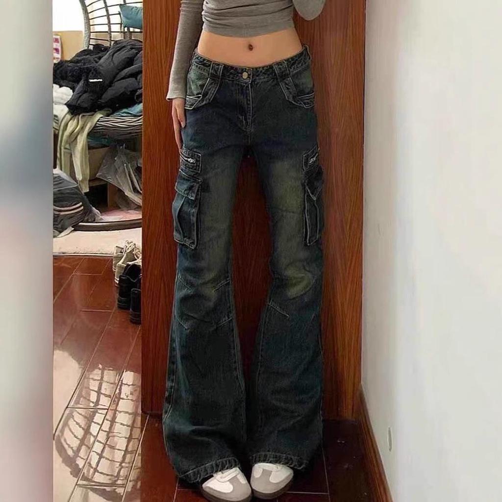 Women's Retro Low-Waist Pocket Cargo Flare Jeans - Spring/Autumn Style