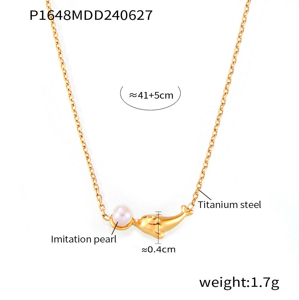 Retro Minimalist Dolphin Pearl Pendant Necklace in 18K Gold-Plated Titanium Steel