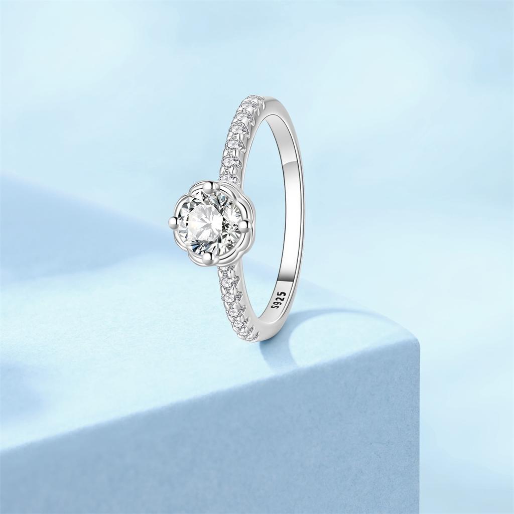 925 Sterling Silver Floral Halo Ring Round Cut CZ Solitaire Engagement Ring for Women Wedding Anniversary Fine Jewelry Gift