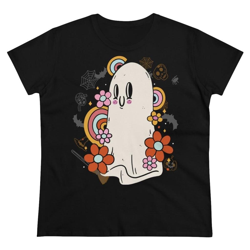 Halloween Groovy Ghost Graphic T Shirt 70s Vintage Floral Casual Round Neck Tee For Daily Wear