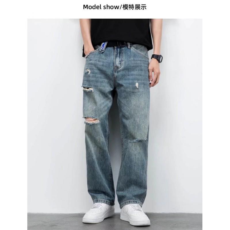 Mens Relaxed Fit Straight Leg Denim Jeans With Embroidery Vintage Style Casual Pants Fall