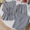 Women's Casual Sweet Set Summer Solid Color Striped Vest and Loose Pants Set with Lace-Up Closure