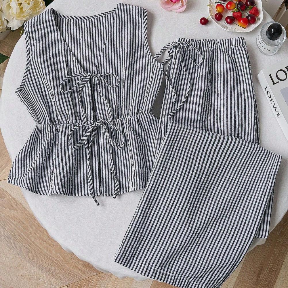 Women's Casual Sweet Set Summer Solid Color Striped Vest and Loose Pants Set with Lace-Up Closure