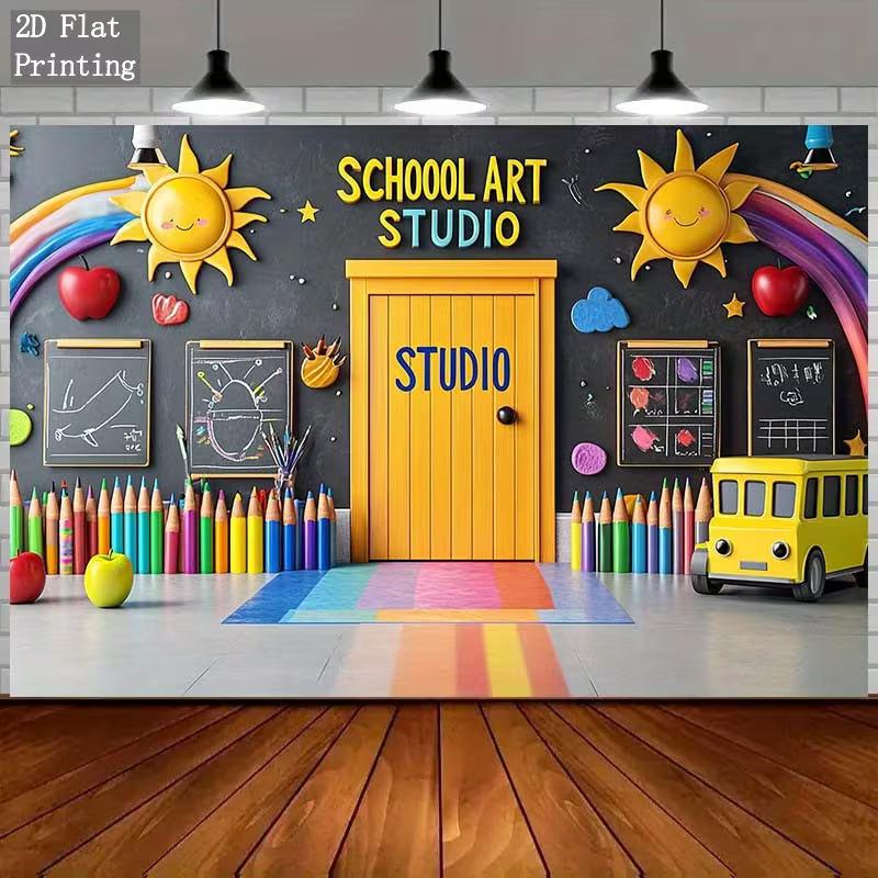 Sfondo a Tema Studio d'Arte Scolastico 2D, Arcobaleno e Sole Sfondo per Photo Booth Bambini