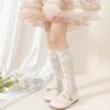 Girls Over The Knee High Socks Retro Stripes Hollow Mesh Cute Bowknot Princess Baby Kids Long Stockings