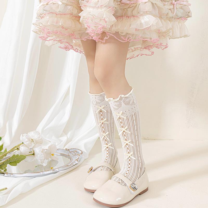 Girls Over The Knee High Socks Retro Stripes Hollow Mesh Cute Bowknot Princess Baby Kids Long Stockings