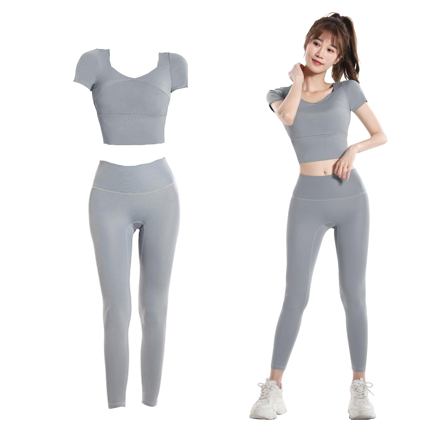

SooPii Топ и низ для йоги Спортивная и тренировочная одежда Комплект с половинным спортивным йогой и леггинсами Высокий Женский Комплект, Одежда, 2-предметный Рукава, Бюстгальтер, Брюки, серый