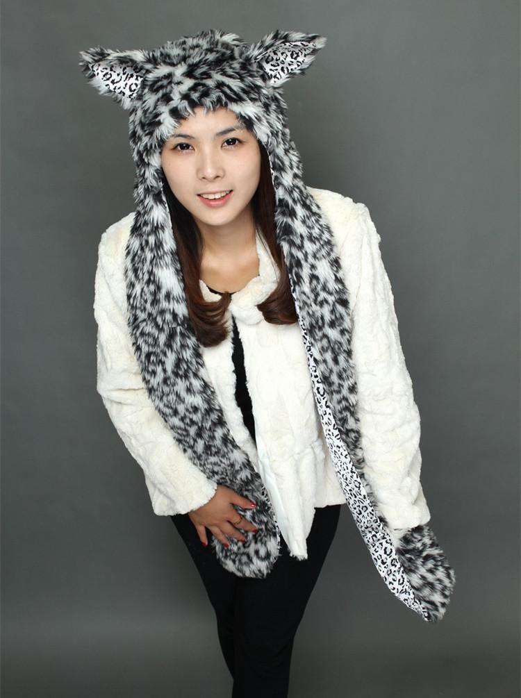 Favorable Price Faux Fur White Wolf Cat Ear Hooded Scarf Hat Plush Animal Ear Hat with Scarf for Cosplay Halloween