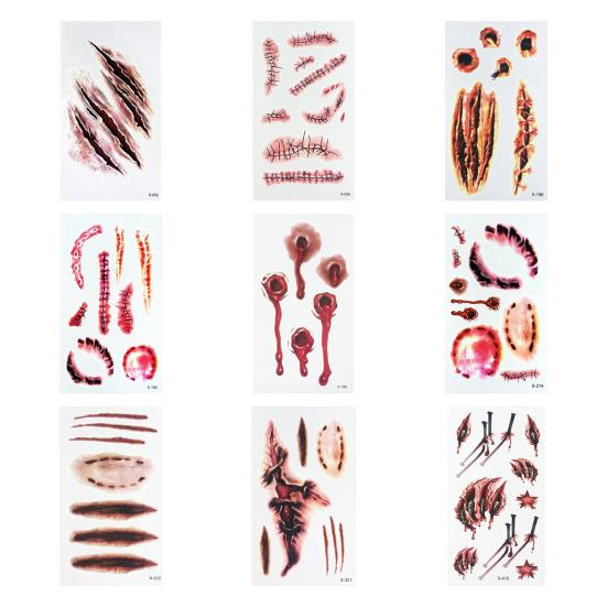 9Pcs Halloween Scar Tattoo Stickers Realistic Fake Wound Stitch Scab Waterproof Temporary Zombie Makeup Props for Kids Adults Boys Girls