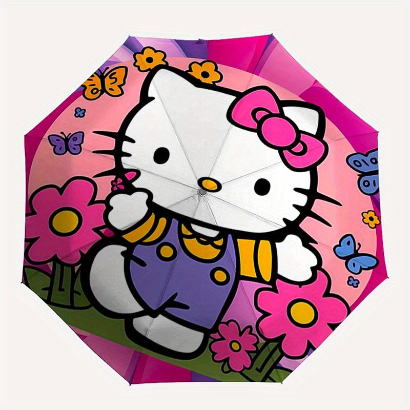 Hello Kitty,Floral Automatic Folding Umbrella-Simple 8-Rib Design, Bright Cartoon Pattern, Durable Iron Frame, Suitable For Travel, Outdoor,