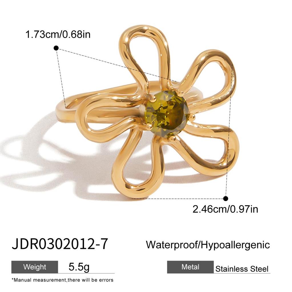 Youthway Minimalist Statement Metal Irregular Flower Colored Zircon Hollow Ring Stainless Steel Waterproof Fashion Jewelry Gift