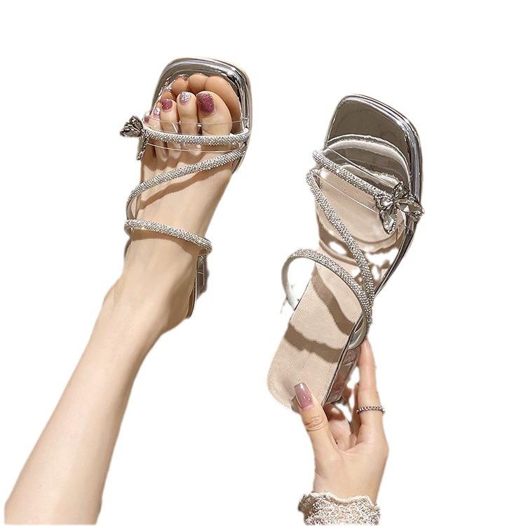 Crystal thick heel square head slippers women's summer new rhinestone bow lady style high heel sandals