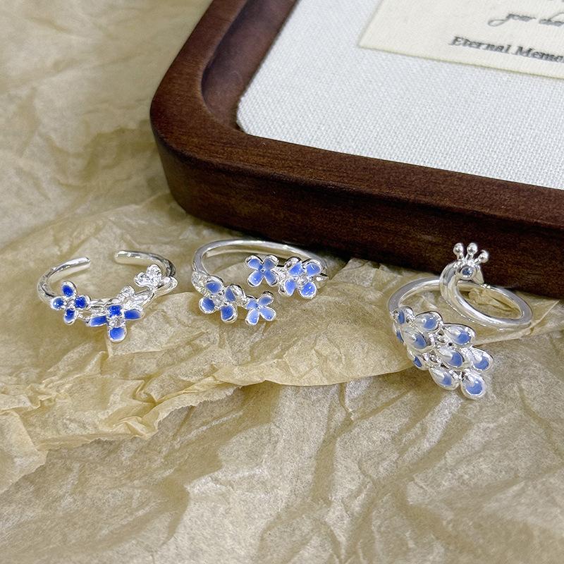 French Flower Peacock Dream Blue Enamel Dripping Oil Flower Opening Ring Women'S Exquisite Sweet And Cool High-End Ring