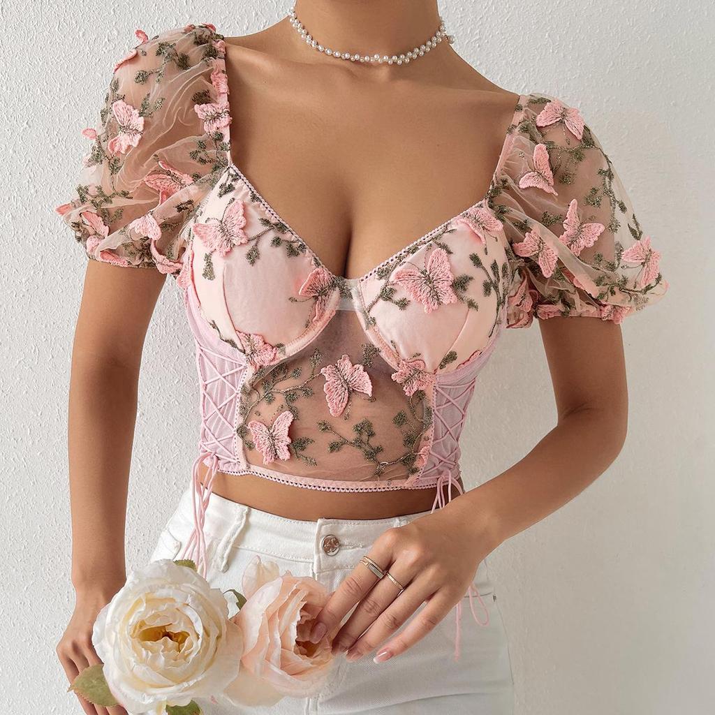 Casual V-Ausschnitt Shirt Mesh Kurzarm Crop Top Frauen bestickt ButterflyT-shirt rückenfreie Tank Top schlanke weibliche Crop Top Mode T-Shirt Y2k