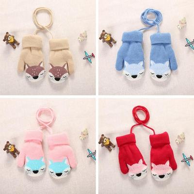 Gants Mitaines Tricotés Doux Épais Chauds Mignons pour Enfants avec Cordon de Cou