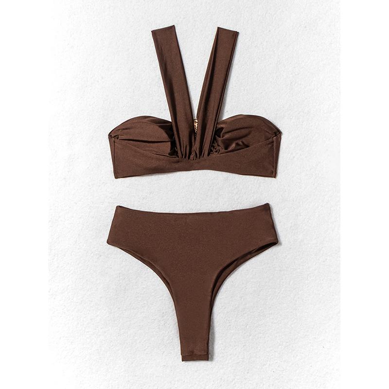 Swimsuit Women Sexy Halter Metal Water Droplet Push Up Pleate High Waist Bikini Set Bathing Suit Two Piece Swimwear