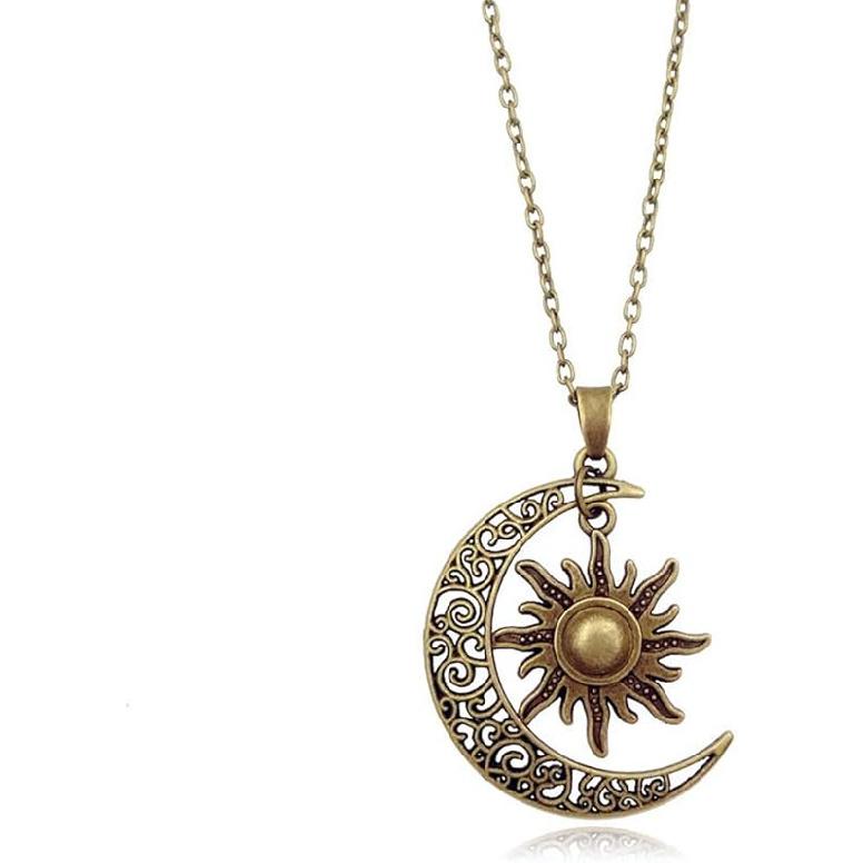Vintage Bronze Crescent Moon and Sun Pendant Necklace Retro Swirl Filigree Unisex Jewelry Gifts