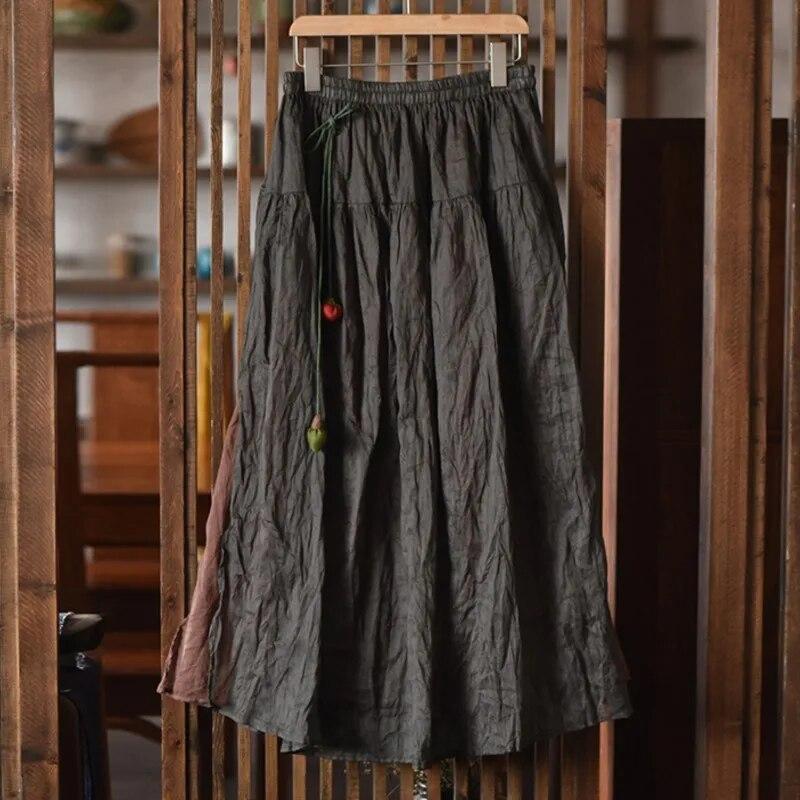 Johnature Women Vintage Skirts Elastic Waist Solid Color Clothes Spring Loose Patchwork Women Casual A-Line Skirts