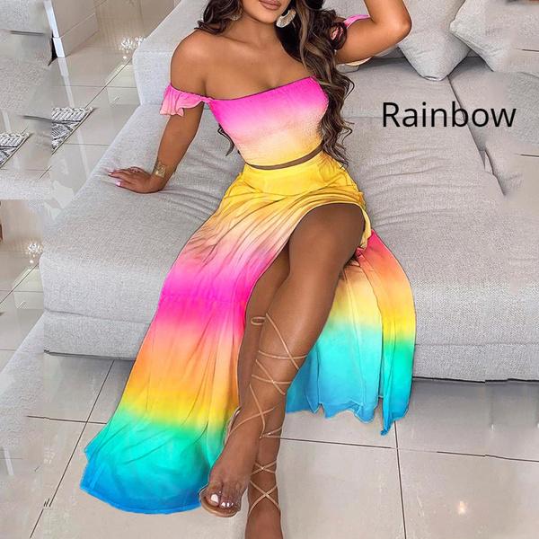 Summer Women Two Pieces Sets Fashion Elegant Off Shoulder Cropped Top & Split Mini Skirt Suit