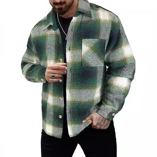 Men's Casual Printed Cotton Button-Down Jacket Long Sleeve Jacket Lapel Western Jacquard Jacket