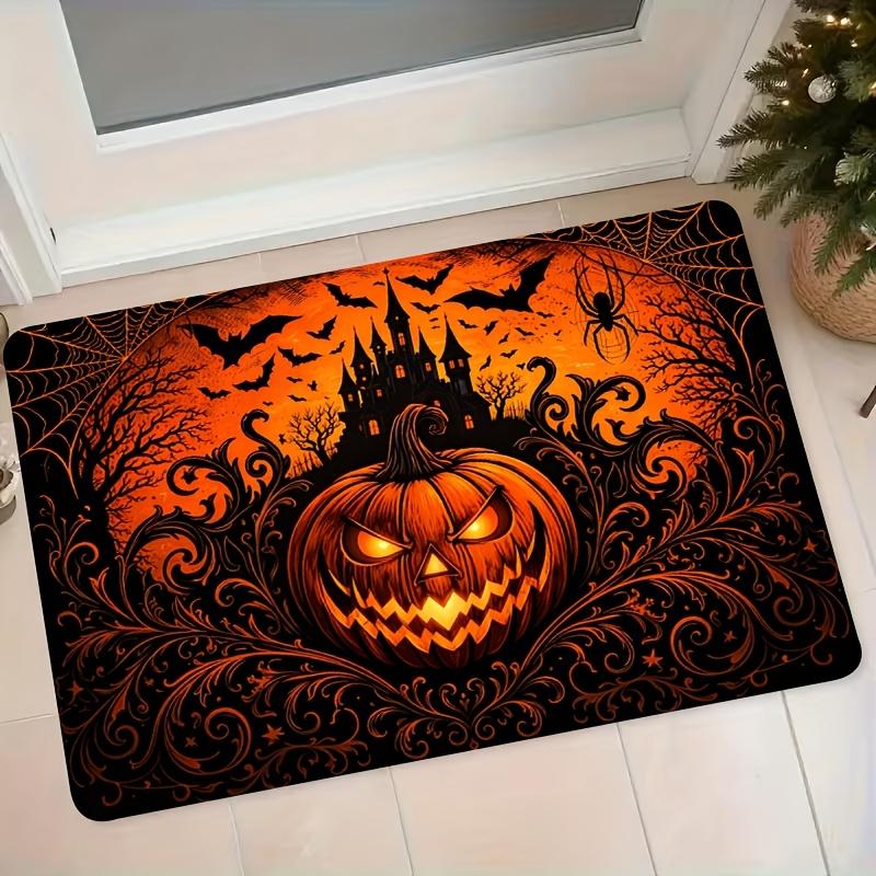 1pc Flannel Halloween Pumpkin Mat Entrance Door Mat Non-Slip Mat Holiday Atmosphere Decor Carpet Pumpkin Castle Bat Spider Elements Mat