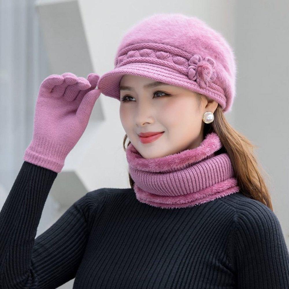 3Pcs/Set Warm Scarf Gloves Set Neck Protection Beanies Hat Winter Knitted Hat  Women