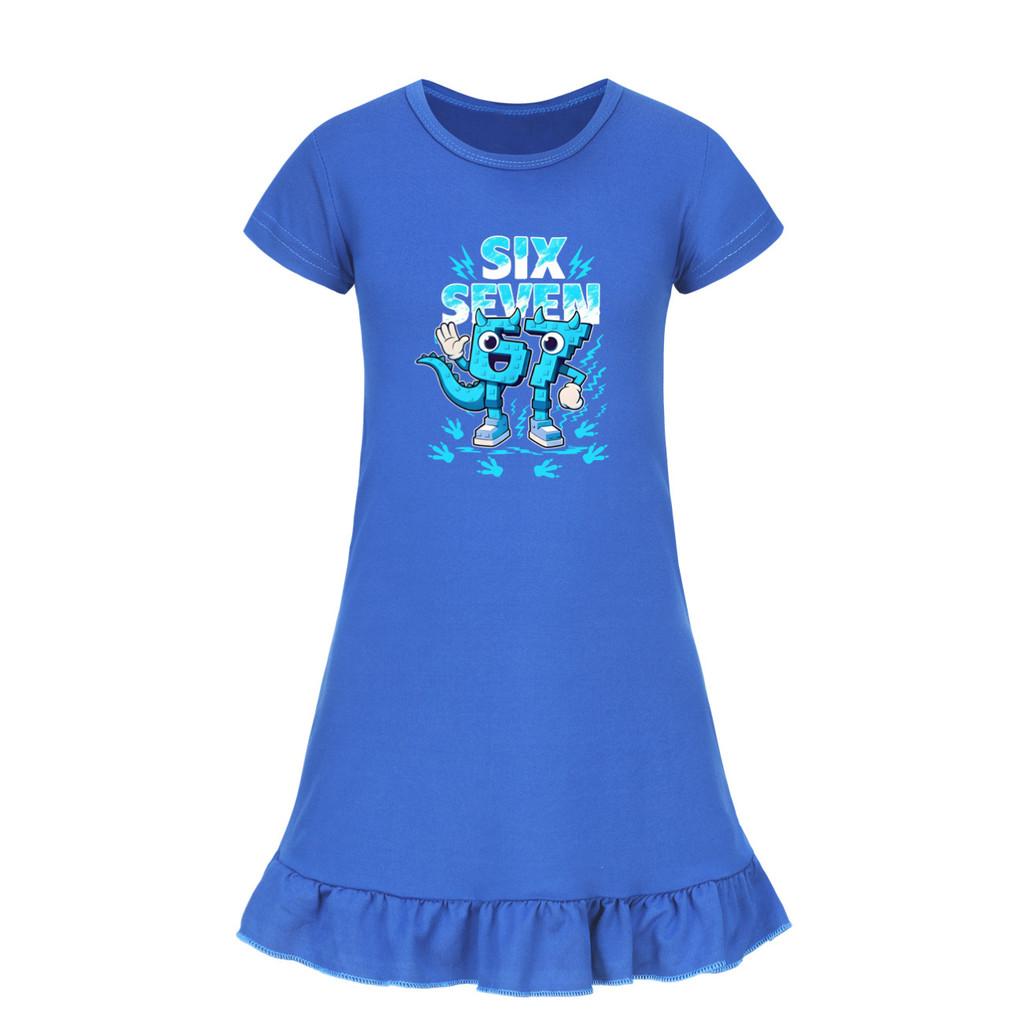5192 Kids Girls Steal a Brainrot 67 Six Seven Printed Ruffle Short Sleeves Casual Dress