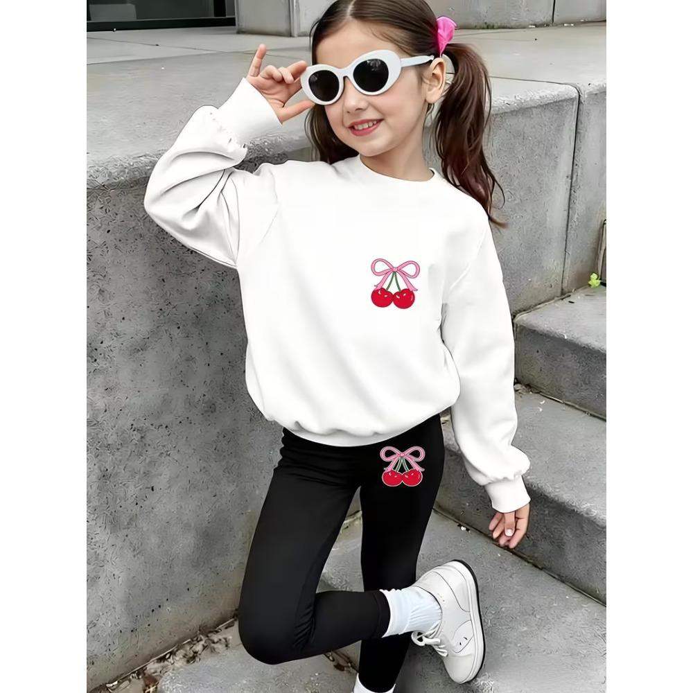 Girls' Cherry Bow Casual Comfortable Soft Loose Pullover Sweatshirt and Leggings 2-Piece Set, New Autumn/Winter, Playful, Sweet and Cool Style