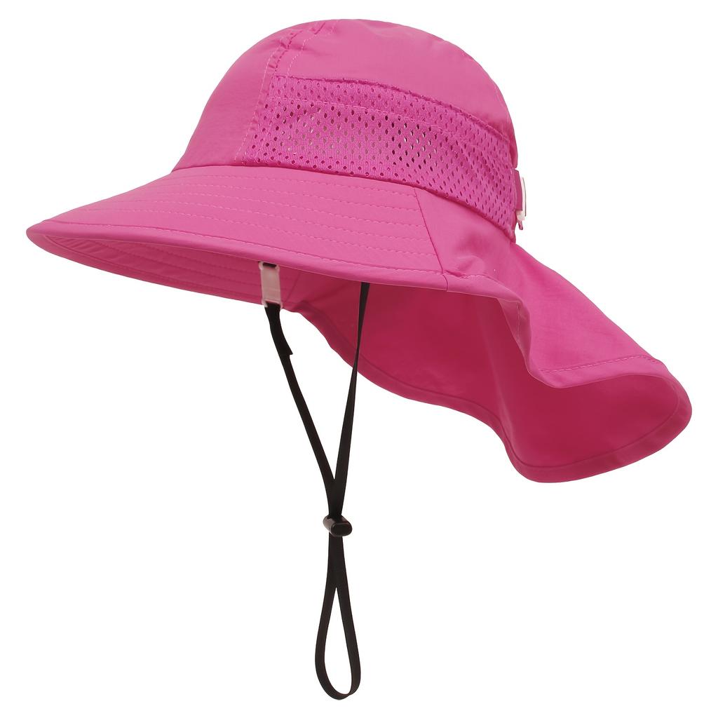Children's Outdoor Wide-Brim Neck-Protection Hat, Breathable Mesh Sun Hat with Windproof Cord, Beach Play Hat