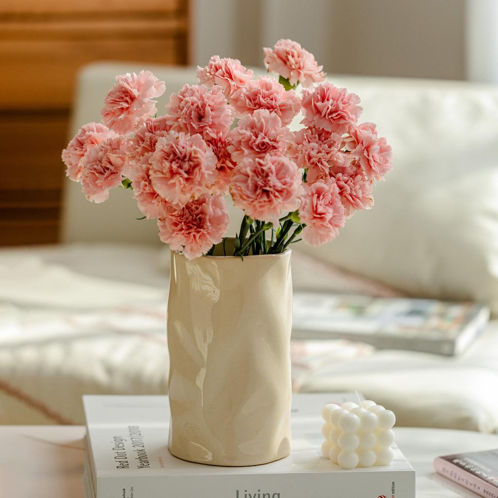 Cream Wind Ceramic Vase Ornaments Living Room Flower Arrangement Dried Flowers Large Diameter Luxury High Sense Irregular Vase