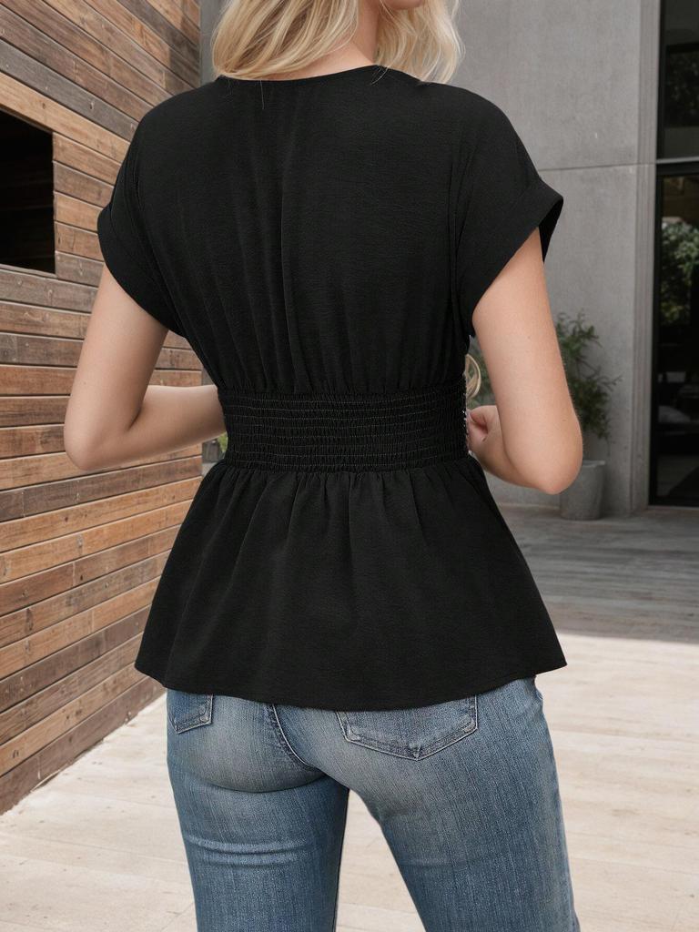 V-Neck Waist-Cinching Pleated Hem Raglan Sleeve T-Shirt for Women - Spring & Summer Collection