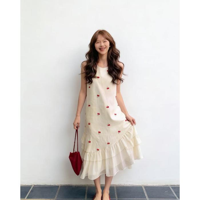 2026 Summer Korean Floral French-Style Sleeveless Mesh Long Dress for Women 2XL