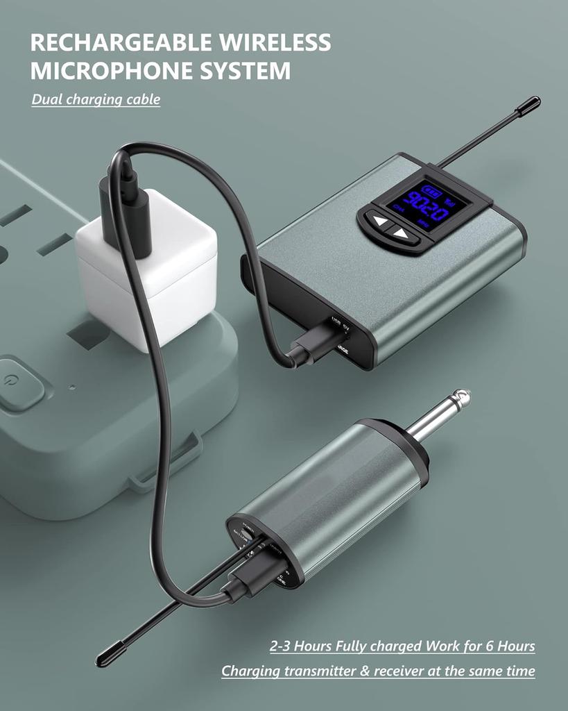 Rechargeable Wireless Microphone System PA Speaker Recording Microphone Headset/Stand/Lavalier Mic Bodypack Transmitter Receiver