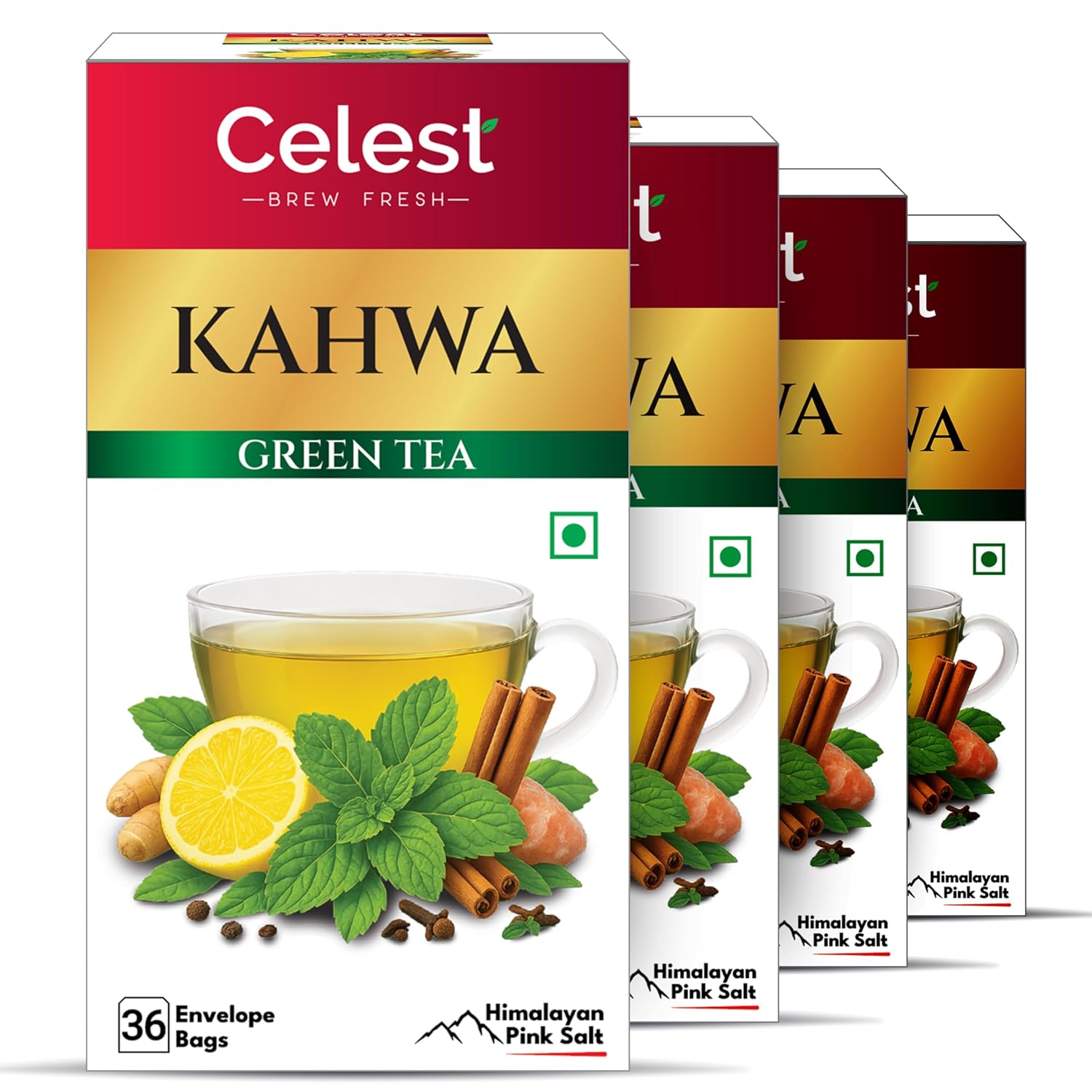 Celest Kahwa Green Tea 36 Bags x 4 Packs Detox Herbal Tea with Spices and Refreshing Flavor